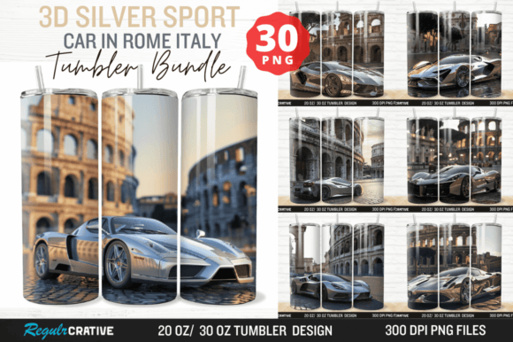 Silver Sport Car in Rome Italy Tumbler: Elevating Your Sublimation Projects with High-End Digital Art